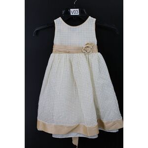WILL'BETH SIZE 4 SLEEVELESS GOLD BEIGE GINGHAM WITH SATIN TRIM